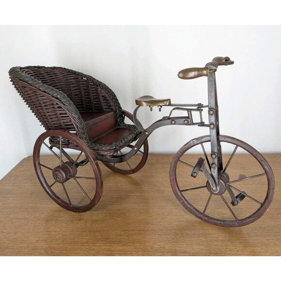 Vintage Wooden & Metal Miniature Doll Tricycle Rickshaw Wicker Seat 12" x 22" - Picture 2 of 16